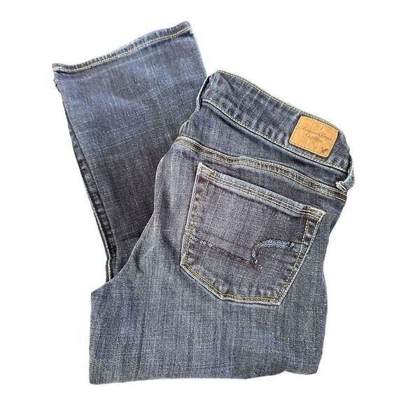 American Eagle Outfitters Skinny Kick Low Rise Denim Jeans Sequin Pockets Size 8 - Picture 1 of 7